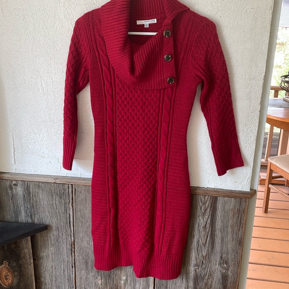 Long sleeve red dress with cowl neck